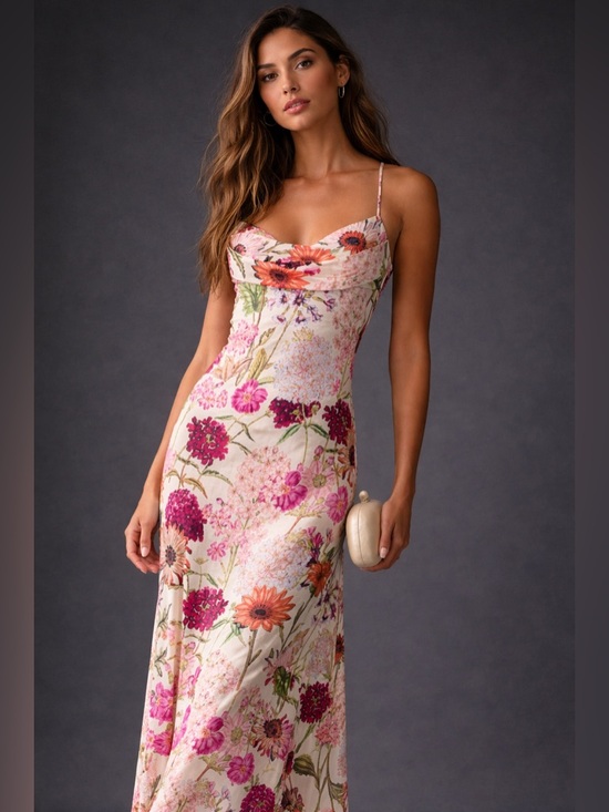 Katie May Dresses & Skirts - Katie May Boho Floral Midi Dress Satin Sheen Criss Cross Back